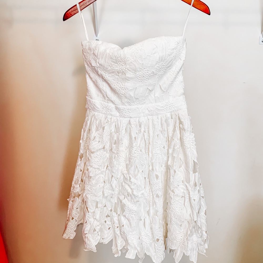 Strapless white lace dress